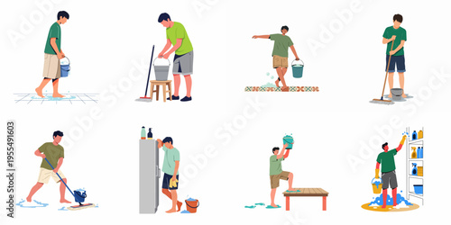 Set of Illustrations Showing a Young Man Cleaning and Mopping the Floor at Home
