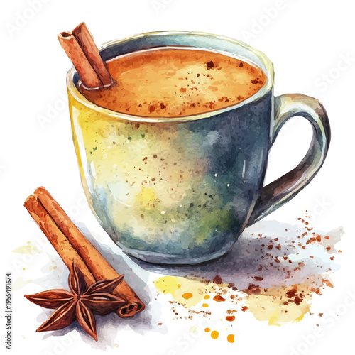 Masala Chai, watercolor artwork with intricate patterns and vibrant, isolated on a white background.