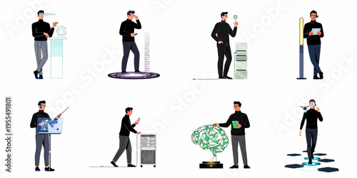 Flat vector illustrations of a man interacting with advanced technologies including AI, server systems, drones, and virtual interfaces in futuristic settings.