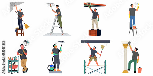 Collection of flat vector illustrations depicting professional male cleaners removing cobwebs and dust from high ceilings and corners using various equipment.