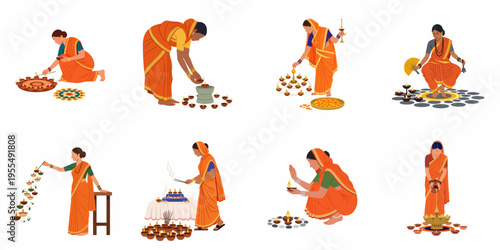 Collection of Indian women in traditional sarees performing various religious rituals and lighting oil lamps for festivals like Diwali and Karthigai Deepam.