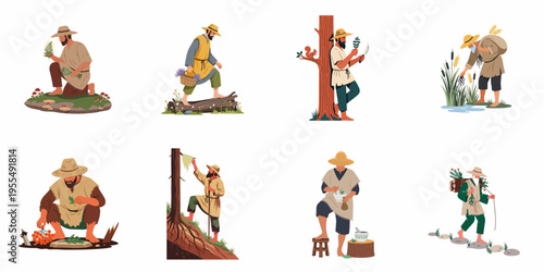 Flat vector illustration set of rustic herbalists and foragers gathering wild plants, berries, and medicinal herbs in various outdoor settings.