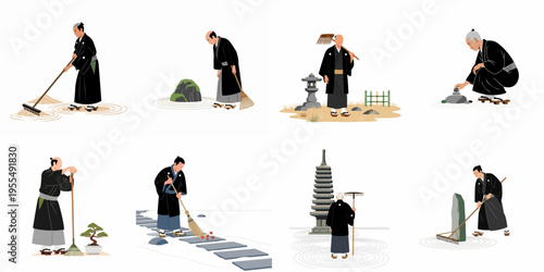Flat vector illustration set of Japanese monks and gardeners maintaining a Zen rock garden with rakes, brooms, stones, and bonsai trees.