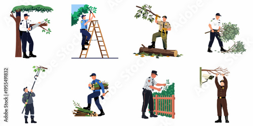 Collection of male maintenance workers and park rangers in uniforms performing various tree pruning, trimming, and landscape care tasks isolated on white background.