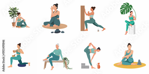 Collection of flat illustrations showing diverse women practicing yoga, meditation, and mindfulness in various poses with plants and zen-like props on a white background.