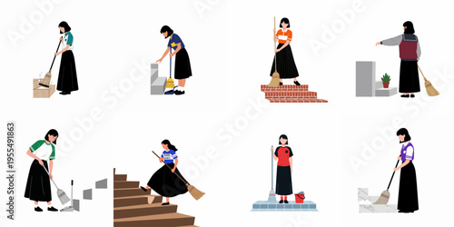 Flat illustration set of a young woman in various outfits sweeping stairs and floors using a traditional broom and dustpan.