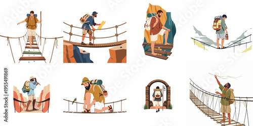 Collection of Eight Illustrations Depicting Men Hiking and Crossing Various Types of Suspension and Rope Bridges During Mountain Adventures