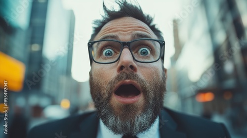 A man with a surprised expression stands amidst an urban landscape, showcasing the feelings of astonishment and curiosity prevalent in a bustling city atmosphere.