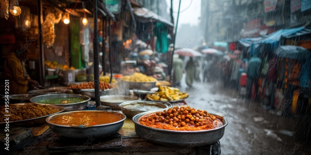 Obraz premium Traditional Street Food Stall in Busy Rainy Market
