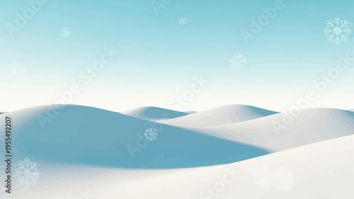 Snowy Landscape with Rolling Hills and Blue Sky.