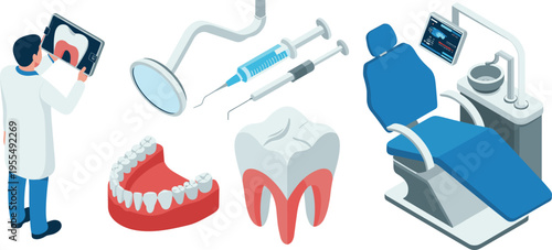 Dental clinic equipment and dentist tools set, modern dentistry treatment chair tooth anatomy orthodontic healthcare vector illustration