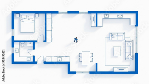 Lonely Human in Oversized Empty House – Top View Floor Plan Blueprint with Minimal Furniture, Strong Negative Space, White Background