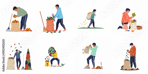 Collection of illustrations showing people cleaning up autumn leaves, raking, and bagging foliage in various outdoor settings.