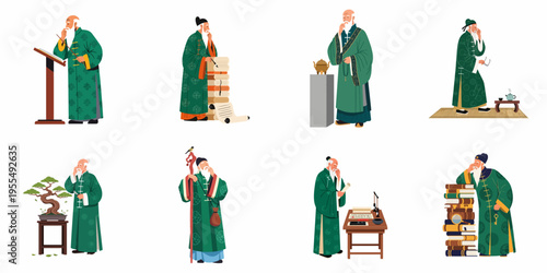 Flat Illustration Set of an Elderly Chinese Scholar in Traditional Green Robes Engaged in Various Scholarly and Philosophical Activities on White Background
