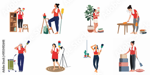 Set of illustrations depicting tired women performing various household cleaning tasks with dusters and towels on white background.