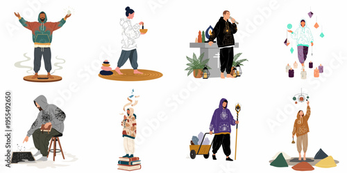 Set of illustrations depicting diverse people engaging in modern spiritual, mystical, and ritualistic practices with crystals, candles, and meditative tools.