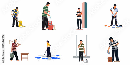A collection of vector illustrations depicting a male janitor or cleaner performing various floor mopping and cleaning tasks in different poses.