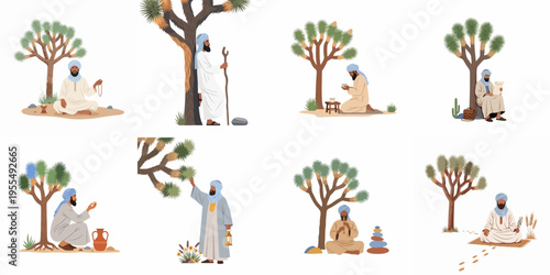 Vector illustration set of a Middle Eastern man in traditional attire performing various activities near desert trees on a white background.