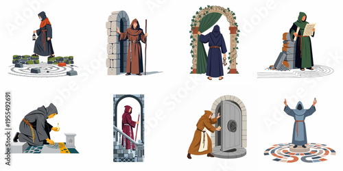 A collection of hooded monk illustrations in medieval and fantasy settings, featuring ancient symbols, gateways, and mystical elements for storytelling and games.