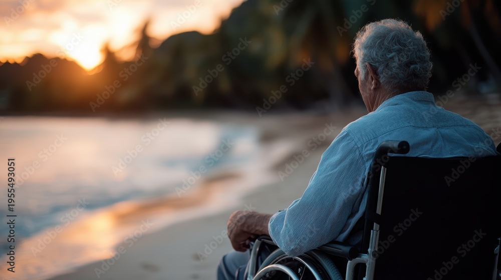 Fototapeta premium An evocative scene of an elderly man in a wheelchair, gazing at a tranquil ocean sunset, highlighting themes of reflection, solitude, and the beauty of nature in life’s later stages.