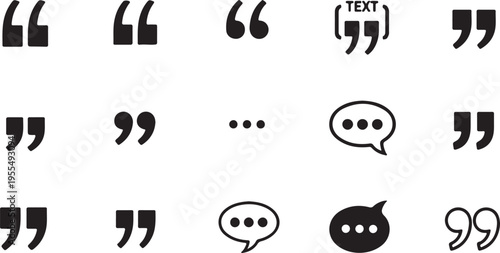 A collection of black typographic quotation marks and speech bubble icons on a white background isolated on transparent background, Vector