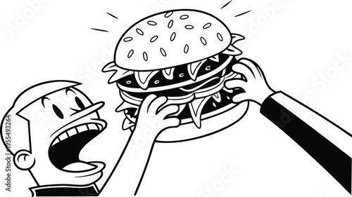 Man excitedly eating a giant hamburger with both hands