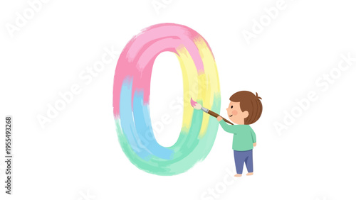 Child Painting Large Colorful Number Zero.