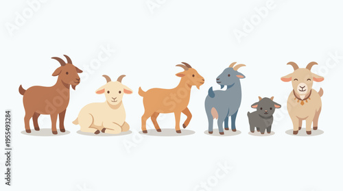 Cute Cartoon Style Various Goat Characters Standing Together Illustration