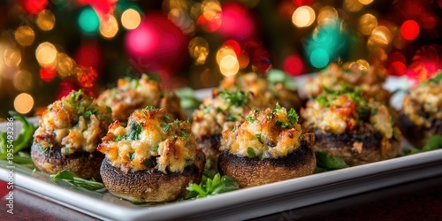 Stuffed Mushrooms Appetizer on Plate with Christmas Lights Background