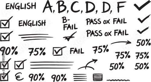 A collection of hand-drawn academic grading symbols and percentage scores on white background isolated on transparent background, Vector