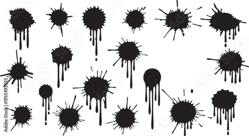 A collection of various black ink splatters and paint drips isolated on a plain white background isolated on transparent background, Vector
