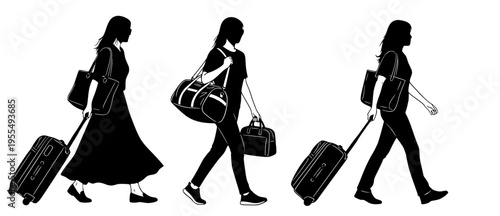 Elegant black silhouettes of women on their travel adventures, gracefully navigating airports or city streets with wheeled luggage and handbags