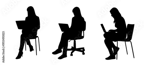 Silhouettes of three people sitting on chairs and using laptops, representing remote work or modern office environments