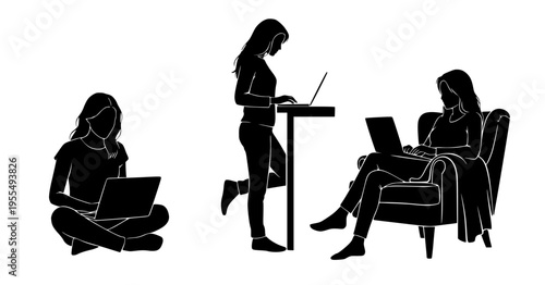 Vector silhouettes of women working remotely on laptops, showcasing adaptable and flexible modern professional lifestyles