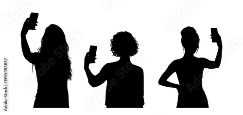 Silhouettes of three women capturing modern moments with their smartphones, symbolizing social connection and digital engagement in a contemporary world