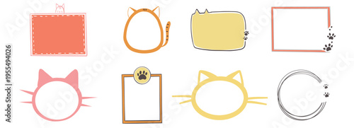 Empty cute cat or dog, pet frame set, speech bubble with ears and tail, border with paw print. Doodle sketch hand drawn elements. Footprint badge, border divider. 