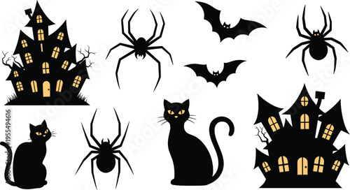 Halloween Silhouette Set with Haunted Houses Black Cats Spiders and Bats Spooky Elements for Holiday Decoration Party Design and Horror Illustration