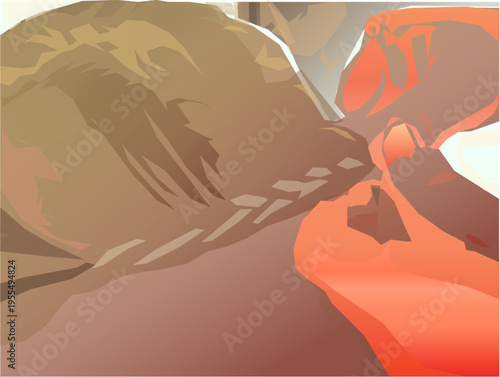 Abstract illustration of hands holding a brown bag with red accents