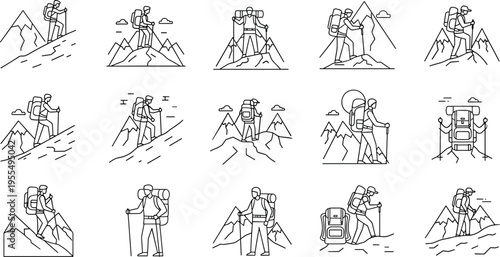 Mountain Adventure Outline Set with Hiking, Climbing, Camping, and Outdoor Activities for Travel Illustration, Nature Design, and Exploration Concept Collection