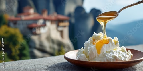 Honey Pouring over Greek Yogurt with Meteora Monastery Background
