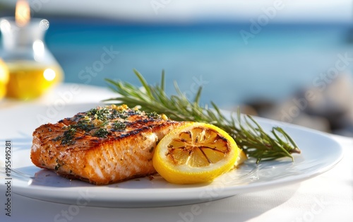 Grilled Salmon Fillet with Lemon and Rosemary by the Sea