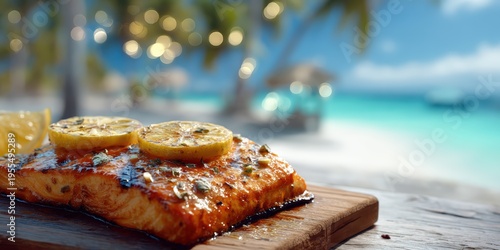 Grilled Salmon Fillet with Lemon on Tropical Beach Background