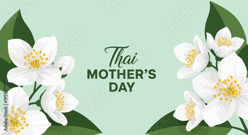 Thai Mother's Day Greeting Card Background with Elegant White Jasmine Flowers and Floral Design
