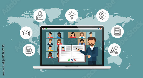 Global Online Education and E-learning Concept: Virtual Classroom with Teacher and Students on Laptop Screen, Educational Icons, and World Map Background