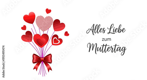 German Mother's Day Card with Red Heart Bouquet and Bow - Alles Liebe zum Muttertag