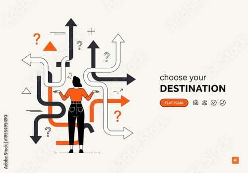 Woman Choosing Path with Many Directional Arrows and Question Marks Illustration, Career Choice and Decision Making Concept Vector