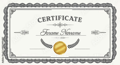 Elegant Certificate Template with Intricate Guilloche Border and Gold Seal Medal