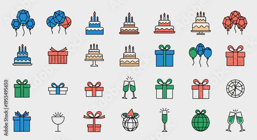 Modern Birthday and Celebration Icon Set Featuring Minimalist Cakes, Balloons, Gift Boxes, and Champagne Glasses in a Geometric Vector Style