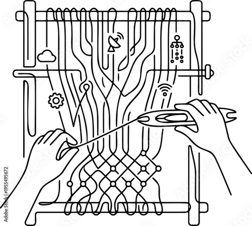 Line art vector of hands weaving digital network on a traditional loom