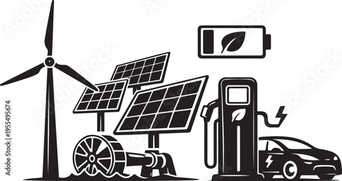 Renewable Energy Sources Vector Icon Set with Solar Panels, Wind Turbine, Water Wheel, Electric Vehicle Charging Station, and Green Battery Symbol for Sustainable Ecology and Clean Power Concept.